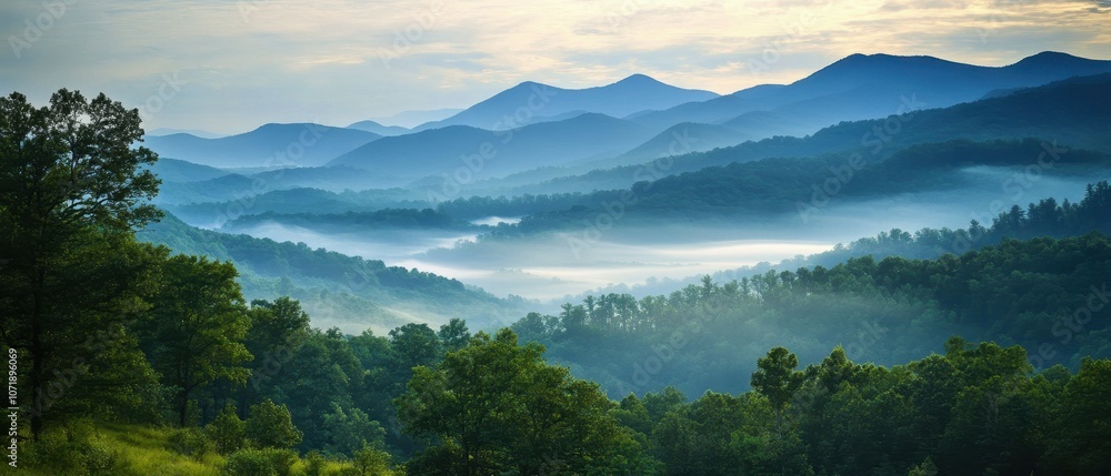 Explore the serene beauty of a mountain landscape enveloped in morning mist Explore the serene beauty of a mountain landscape enveloped in morning mist