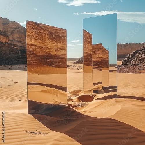 An intriguing desert, with mirrors partially buried in the sand, reflecting the landscape and adding a mysterious touch. photo