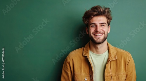 Young cute calm cool blond caucasian european cheerful attractive man 30s he wearing basic t-shirt looking camera isolated on plain green color background studio portrait. People lifestyle concept