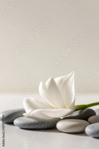 A Single White Flower Resting on Smooth Stones.