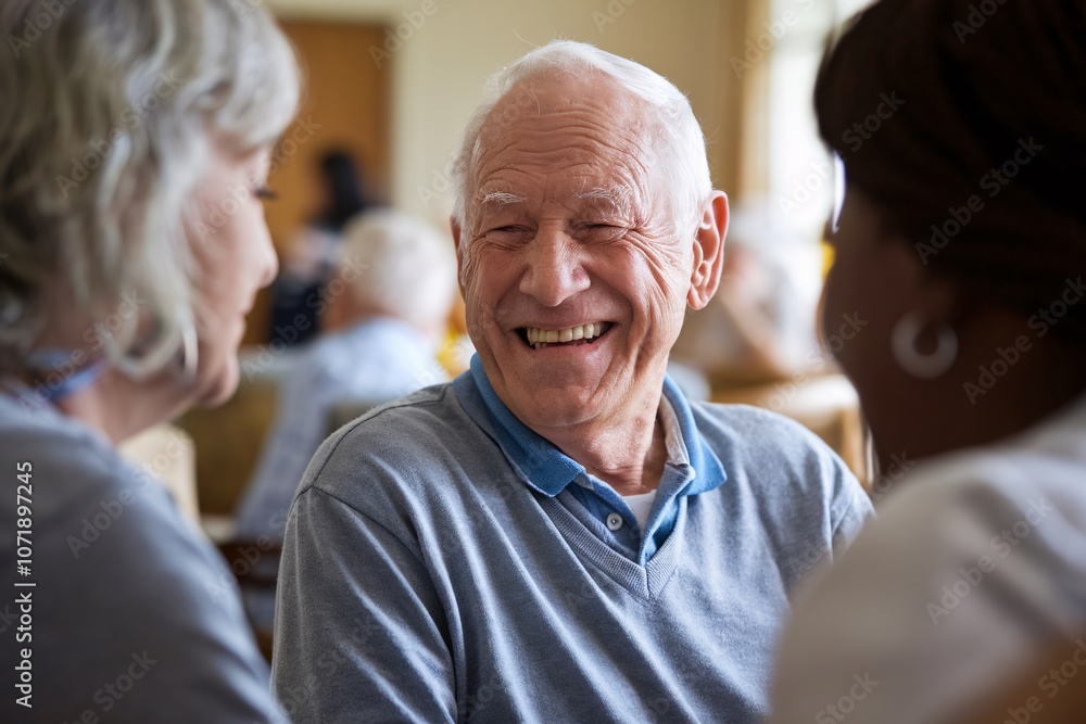 A heartwarming scene unfolds as a group of elderly residents share a joyful moment in a nursing home. Their genuine smiles and laughter capture the essence of friendship. A heartwarming scene unfolds as a group of elderly residents share a joyful moment in a nursing home. Their genuine smiles and laughter capture the essence of friendship.