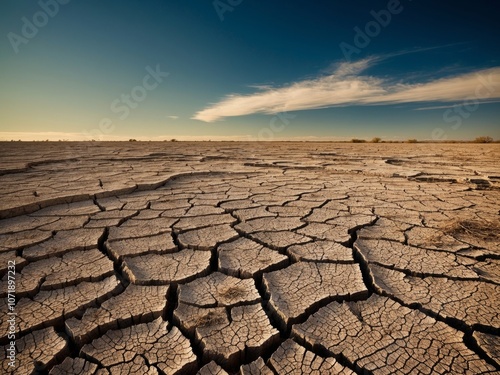 Dry cracked earth showing drought conditions in a sunny landscape. photo