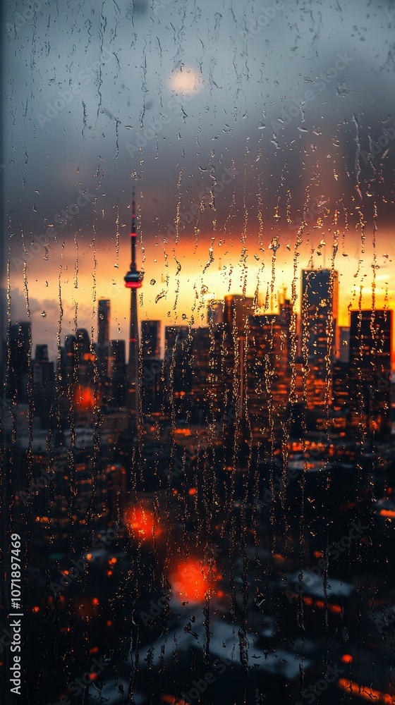 Fototapeta premium Experience the beauty of a blurry city skyline under rain clouds and a golden sunset