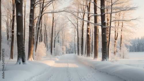 A serene winter forest path with fresh snow covering trees and ground in the early morning light.