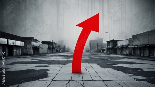 A somber scene of an economic recession with a red arrow symbolizing decline.