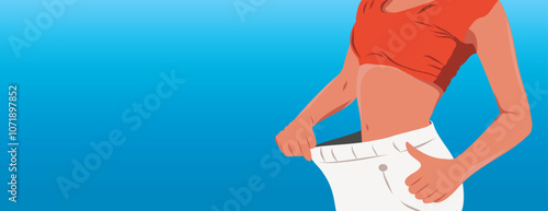 Woman girl after sports and weight loss shows how her figure parameters have decreased. Slender beautiful body. Vector illustration for flyer banner poster with space for text