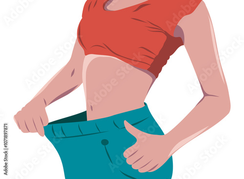  Woman girl after sports and weight loss shows how her figure parameters have decreased. Slender beautiful body. Vector illustration for advertising flyer banner poster.