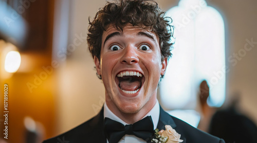 The happy groom is captured in a raw and stylish image, showcasing his joyful moment.