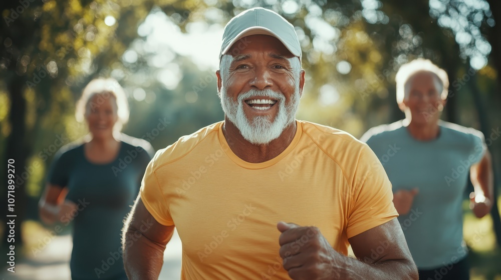 Fototapeta premium An uplifting image showing a smiling elderly man jogging energetically with friends in a bright, sunlit park, symbolizing health, friendship, and vitality.