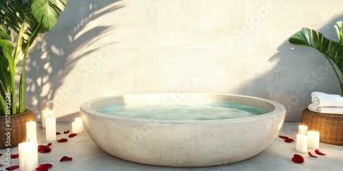 A serene, inviting bath area featuring a round tub, surrounded by candles and rose petals, with leafy plants enhancing the tranquil atmosphere.