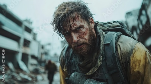 A gritty portrait of a battle-worn individual in an urban setting, face smeared with dirt and blood, exemplifying struggle and tenacity in harsh conditions.