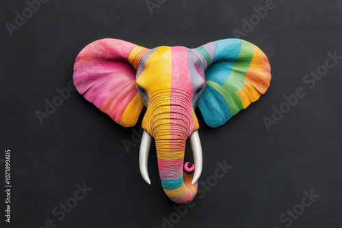 Colorful elephant head with a rainbow pattern on it. The elephant is painted in a way that it looks like it is wearing a colorful hat. The colors of the elephant's face and trunk are bright photo