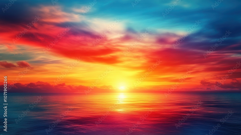 Fototapeta premium A breathtaking sunset over the calm ocean, featuring vibrant hues of red, orange, and blue.