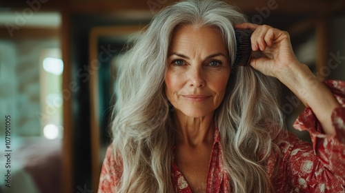 A beautifully captured moment of a smiling older woman with long, flowing gray hair, exuding grace, wisdom, and natural elegance in a brightly lit setting. photo