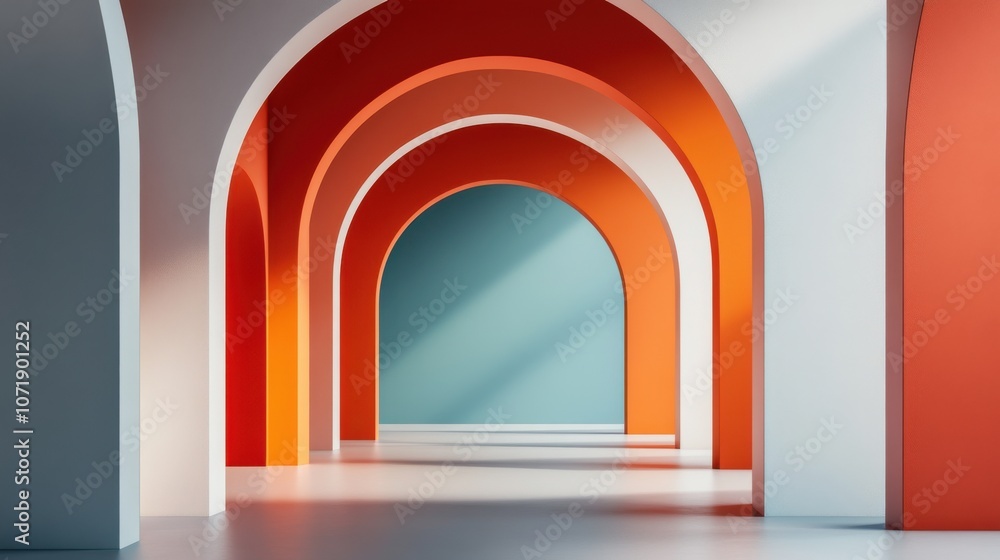 Fototapeta premium Vibrant interior featuring sleek arches in orange and turquoise hues, creating a modern aesthetic.