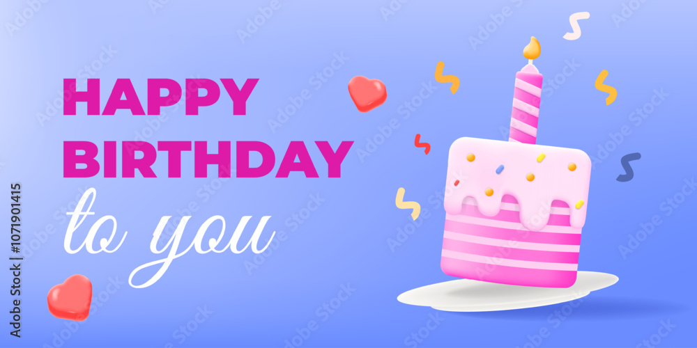 Celebration typography text with a pink birthday cake and heart confetti party invites, social media posts, and greetings. 3d vector illustration Celebration typography text with a pink birthday cake and heart confetti party invites, social media posts, and greetings. 3d vector illustration
