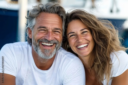 Man and woman are smiling and posing for a picture. The man has a beard and gray hair, while the woman has long brown hair. They are both wearing white shirts. Scene is happy and lighthearted