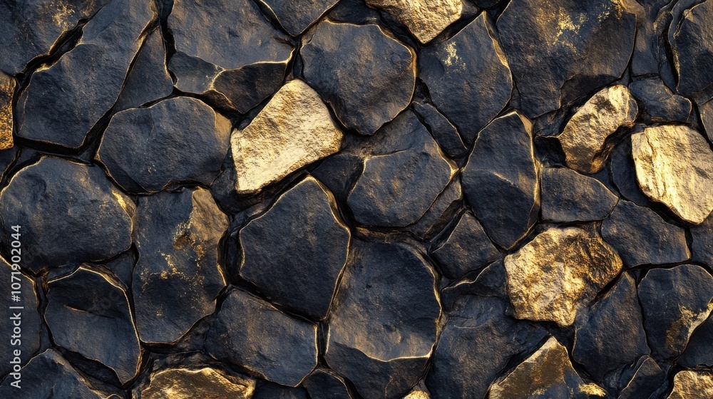 Fototapeta premium Close-up of a rugged stone wall with shiny golden accents highlighting the texture and depth.