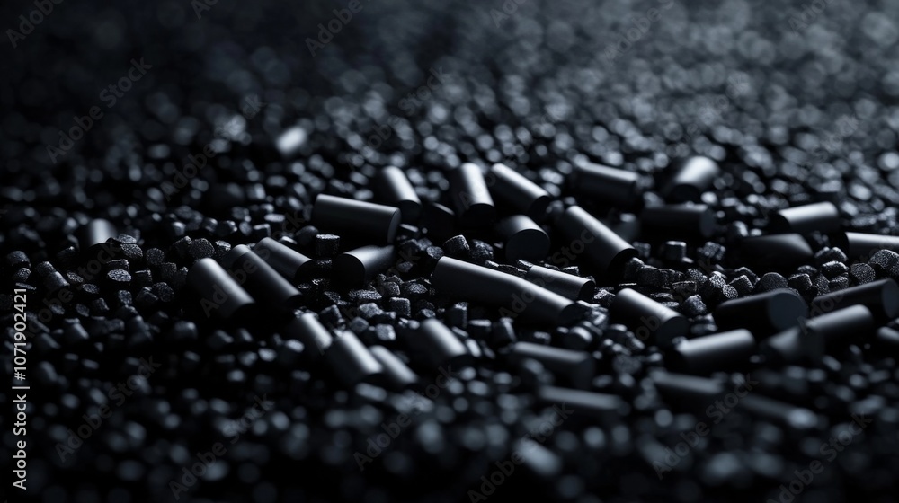 Obraz premium Macro Image of Black Surface with 3D Tiny Plastic Cylindrical Grains for Polymer Production in Plastic Industry.