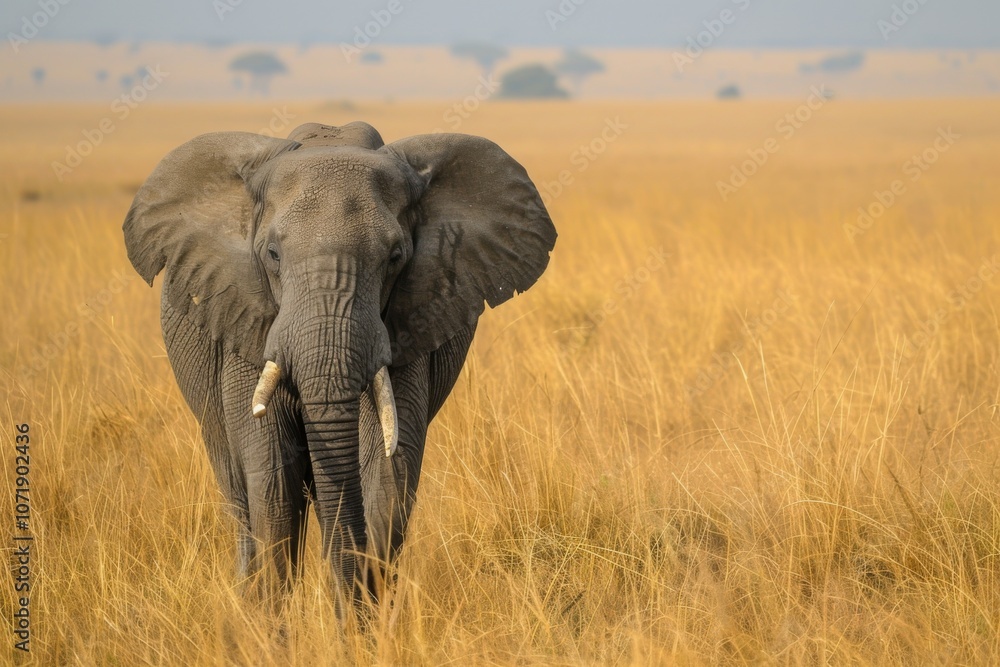 Fototapeta premium A large elephant is standing in a field of tall grass