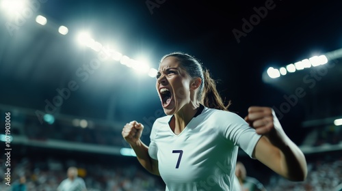 A woman soccer player in a white shirt celebrating a victory during a night football match at the stadium. A number 7 woman football player in white, passionately celebrates a goal during the match.