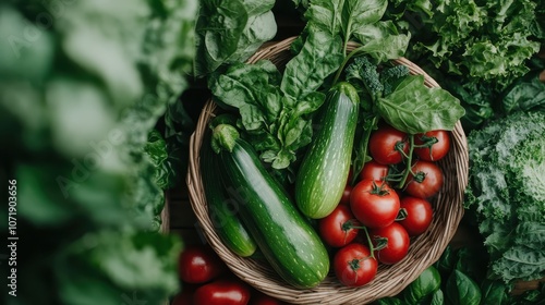 A top view of a basket containing glossy zucchinis, ripe tomatoes, and leafy greens, set in an abundant garden-like setting representing health and sustainability. photo