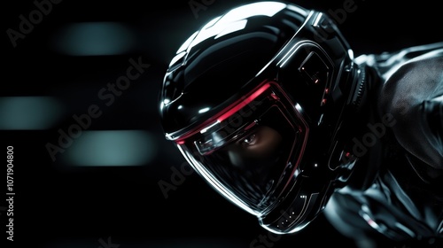 A modern, glossy helmet with a reflective visor and vibrant lighting effects. The image captures the essence of futuristic technology and sport elements. photo