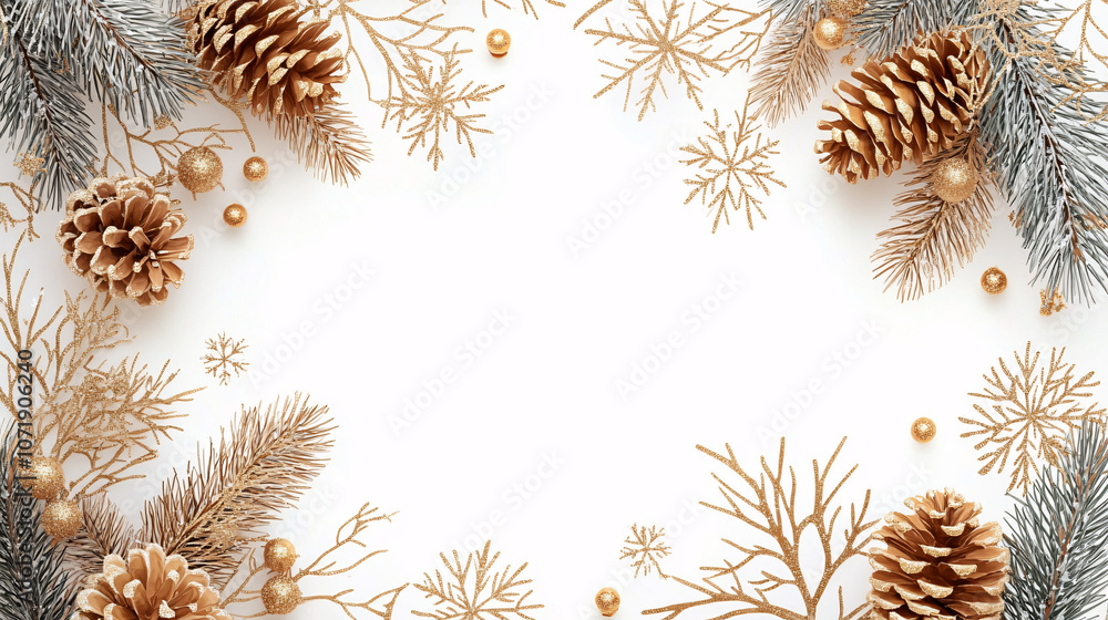 Naklejka premium Elegant winter holiday frame featuring gold pinecones and snowflakes, ideal for seasonal greetings, invitations, or decorative holiday cards.