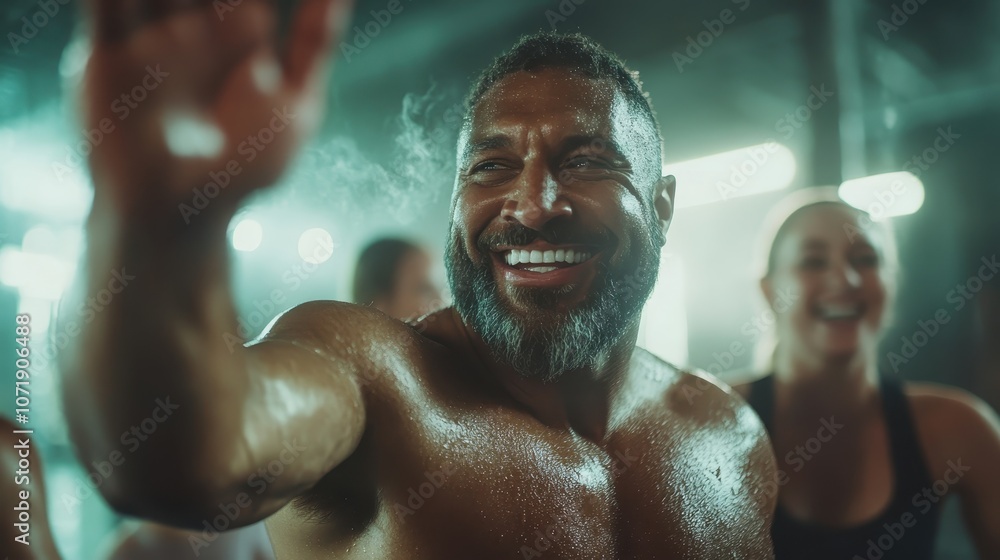 A muscular man with a beard smiles brightly, extending his arm in a lively gym, surrounded by energetic people and a dynamic atmosphere. A muscular man with a beard smiles brightly, extending his arm in a lively gym, surrounded by energetic people and a dynamic atmosphere.
