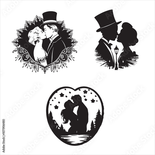 SET OF VECTOR MIDNIGHT KISS SILHOUETTE