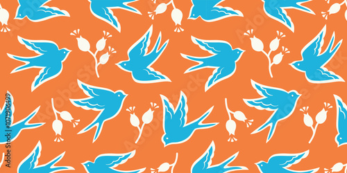 Seamless pattern with playful birds and botanicals on bright orange. Colorful nature-inspired pattern with birds and flowers. Linocut style.