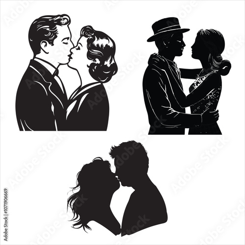 SET OF VECTOR MIDNIGHT KISS SILHOUETTE