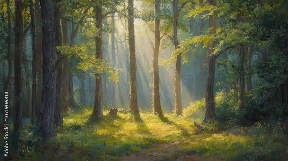 Fototapeta premium Gentle sunlight filters through forest trees creating a serene natural haven