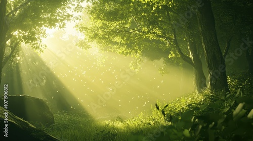 Gentle sunlight filters through forest trees evoking a serene natural atmosphere photo