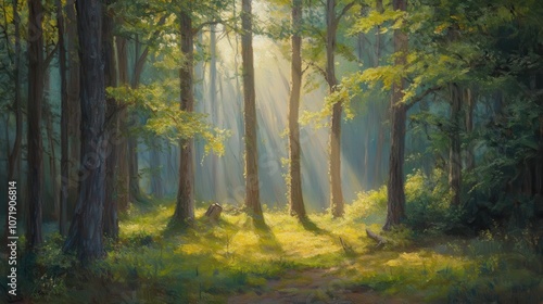 Gentle sunlight filters through forest trees creating a serene natural haven