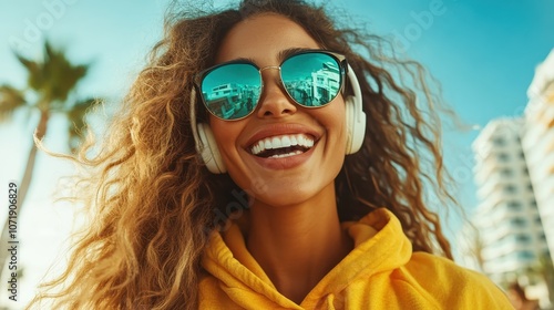 Cheerful woman in sunglasses and a bright yellow hoodie, smiling broadly on a sunny day, surrounded by city buildings, embodies youthful energy and freedom. photo