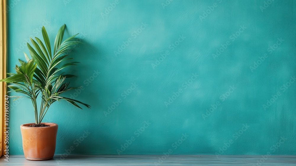 Fototapeta premium This serene image showcases a potted plant against a clear turquoise wall, highlighting tranquility and freshness. Excellent for interior design and calming themes.