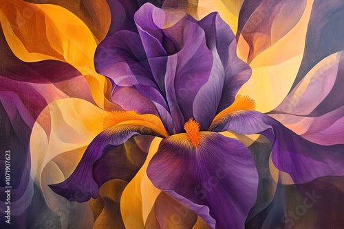 Art iris in rich purples and yellows, each petal curling like smoke in an elegant, abstract composition photo