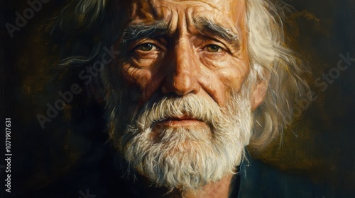 Portrait painting of a wise old man with deep wrinkles, intense expression