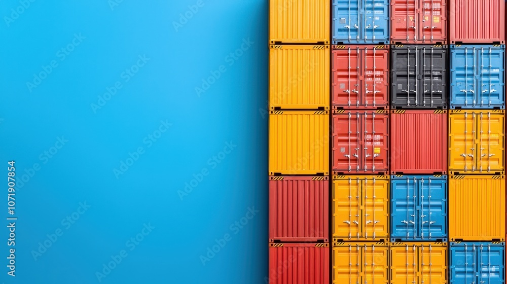 Obraz premium Colorful Shipping Containers Stacked Vertically Against a Bright Blue Wall in a Modern Industrial Setting, Emphasizing Urban Logistics and Transport