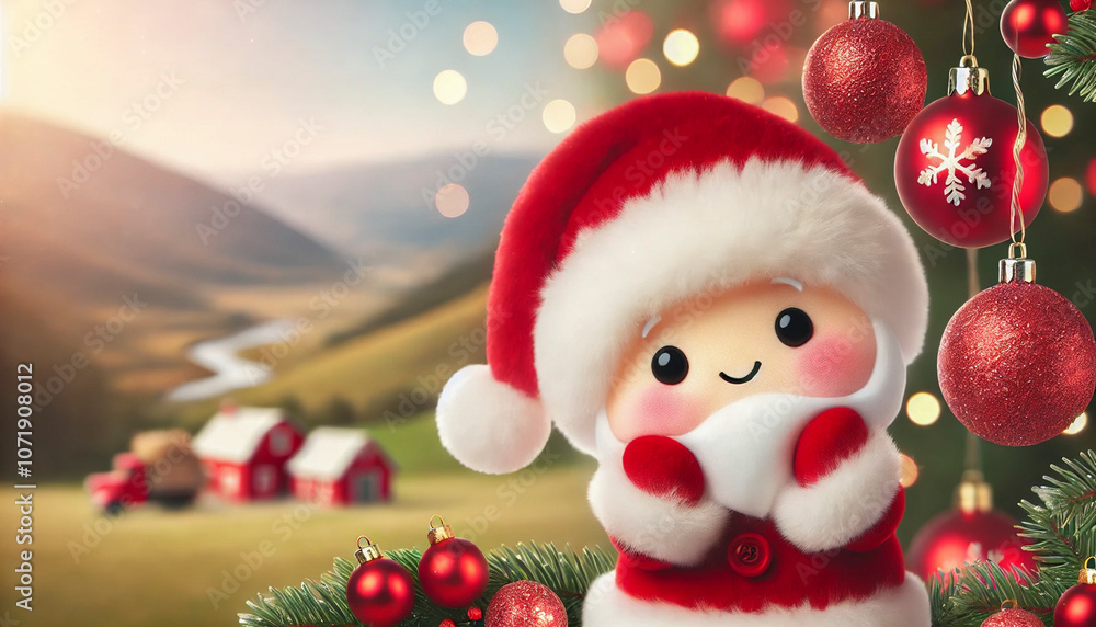 AI image of a cute Santa Claus with chubby cheeks and beautiful red Christmas ornaments against a festive, Christmas-themed background. AI image of a cute Santa Claus with chubby cheeks and beautiful red Christmas ornaments against a festive, Christmas-themed background.