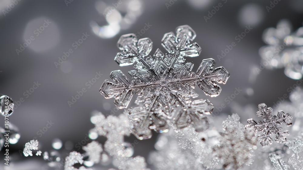 Snowflakes fall gently over a soft grey background creating a serene winter atmosphere Snowflakes fall gently over a soft grey background creating a serene winter atmosphere
