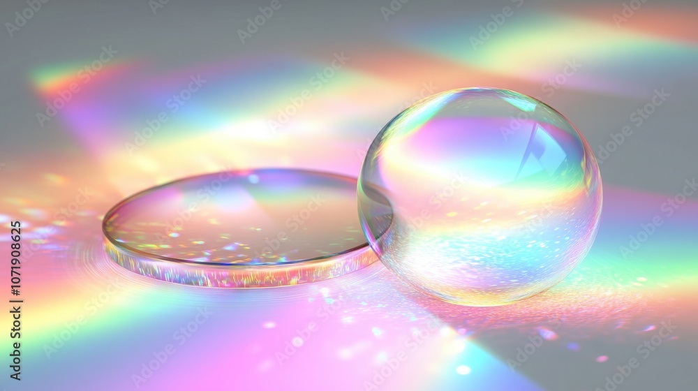 Abstract composition featuring a transparent sphere and flat disc reflecting vibrant rainbow colors on a smooth surface. Abstract composition featuring a transparent sphere and flat disc reflecting vibrant rainbow colors on a smooth surface.