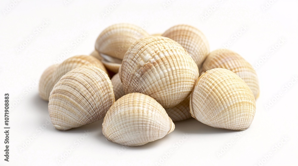49.A grouping of fresh baby clams arranged in a loose pile on a white background. The clams’ soft, pastel-colored shells are smooth and polished, reflecting the light. The texture of each clam is 49.A grouping of fresh baby clams arranged in a loose pile on a white background. The clams’ soft, pastel-colored shells are smooth and polished, reflecting the light. The texture of each clam is