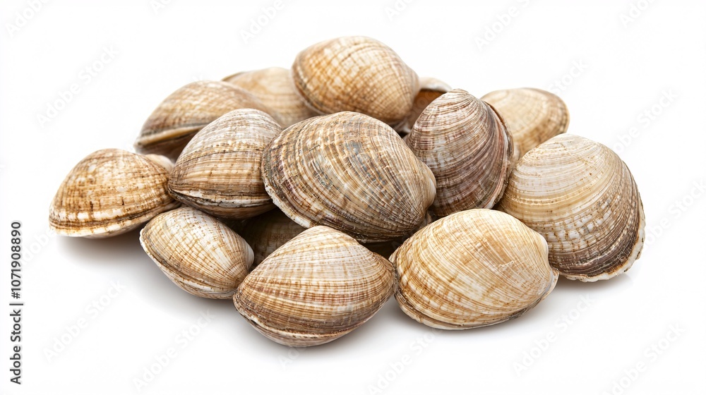 49.A grouping of fresh baby clams arranged in a loose pile on a white background. The clams’ soft, pastel-colored shells are smooth and polished, reflecting the light. The texture of each clam is 49.A grouping of fresh baby clams arranged in a loose pile on a white background. The clams’ soft, pastel-colored shells are smooth and polished, reflecting the light. The texture of each clam is