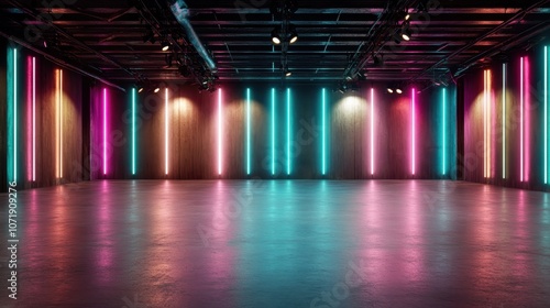 A spacious warehouse setting enhanced by colorful neon lights, creating a dynamic and lively atmosphere that combines industrial charm with artistic flair. photo