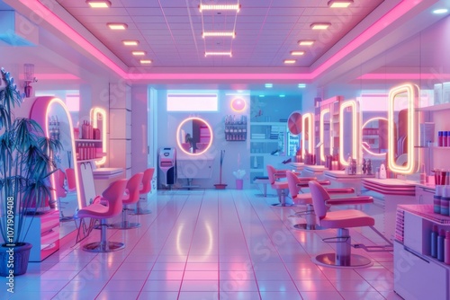 A pink salon with neon lights and pink chairs photo