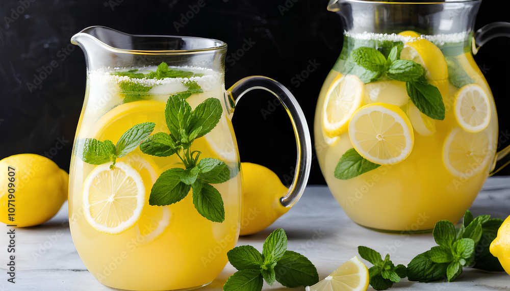 Tart and tangy lemonade with lemon slices and fresh mint sprigs in a pitcher.
Tart and tangy lemonade with lemon slices and fresh mint sprigs in a pitcher.