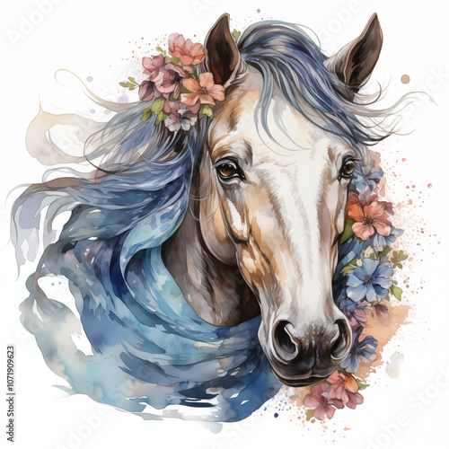 Fototapeta Naklejka Na Ścianę i Meble -  Portrait of a horse watercolor art design and colorful headscarf and flowers