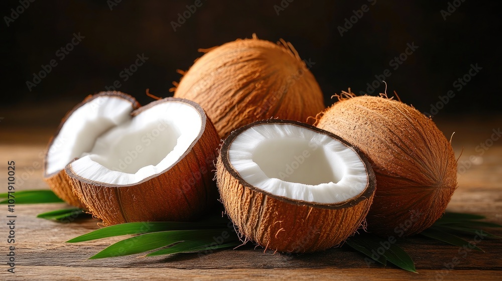 Pile of Coconuts with Brown Background and Open Shell Pile of Coconuts with Brown Background and Open Shell